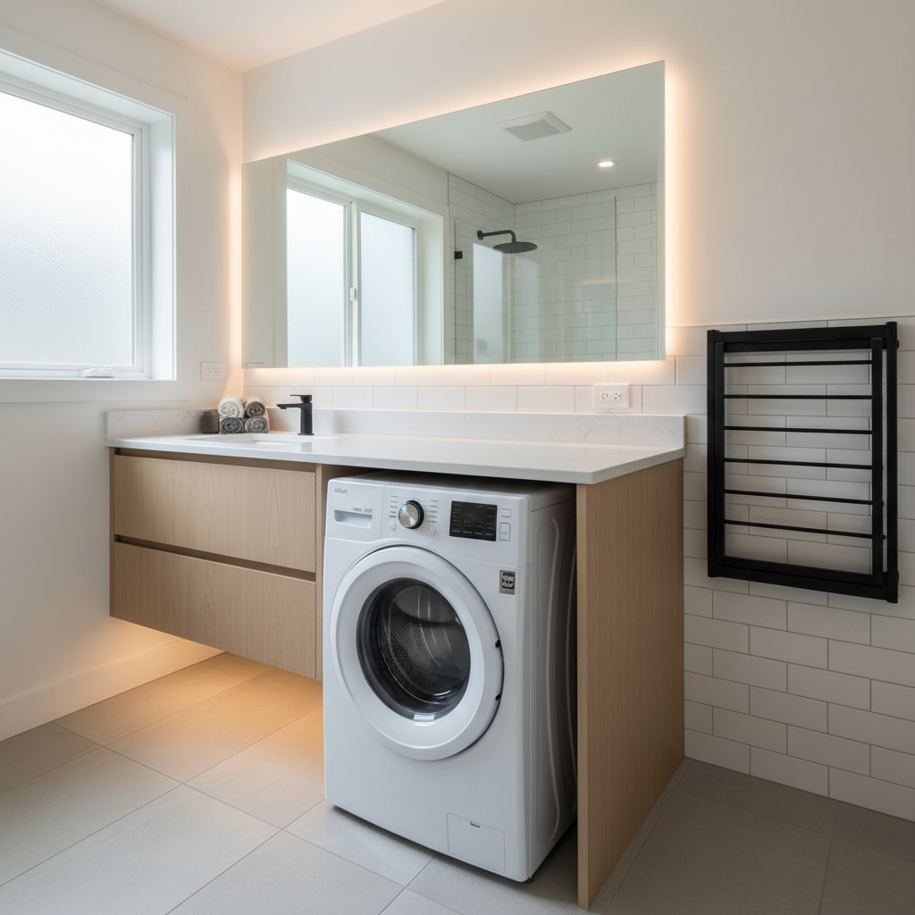 How to Add Laundry to an ADU: What Works in a Small Space — A modern ADU bathroom featuring a compact laundry area. A front-loading washer is neatly placed unde