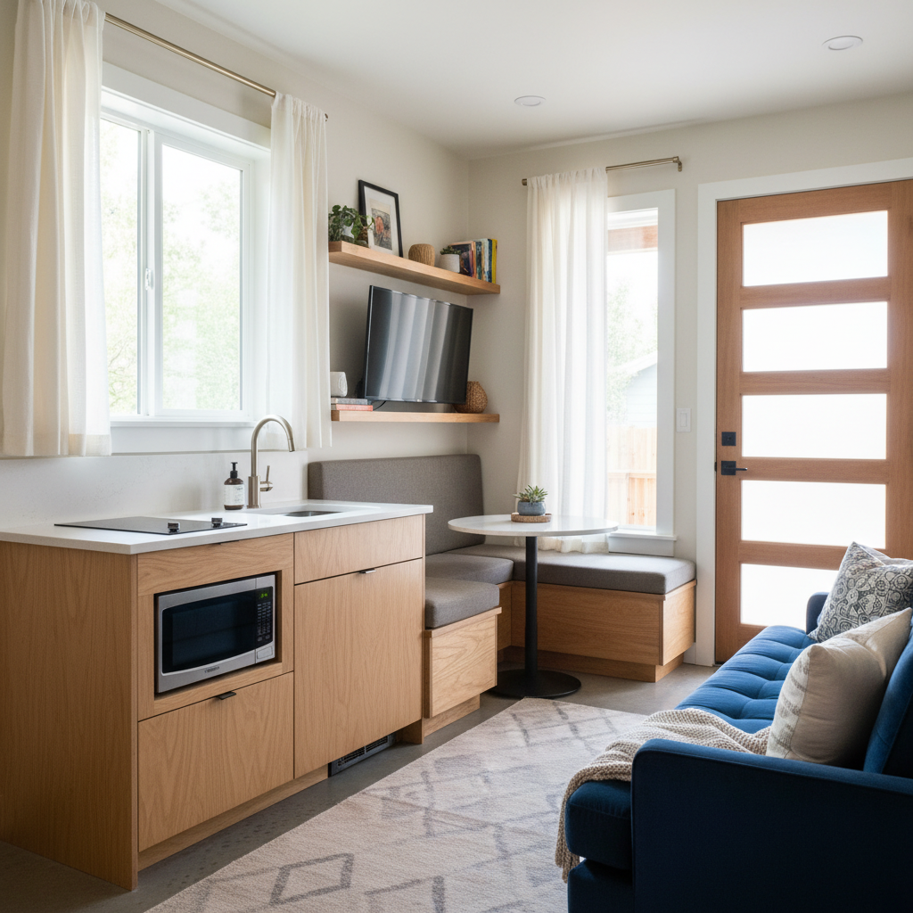 Detached ADU vs. JADU: Choosing Your Backyard Home — A photorealistic, cozy and efficiently designed interior shot of a JADU's efficiency kitchen and compact li