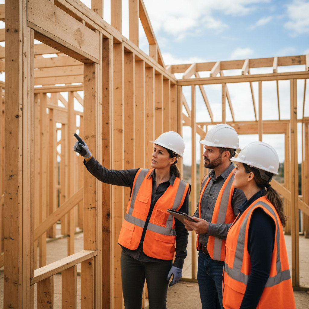 What Is Header Sizing in ADU Framing and Why It Gets Engineered — A professional structural engineer, wearing a hard hat and safety vest, is on an ADU construct