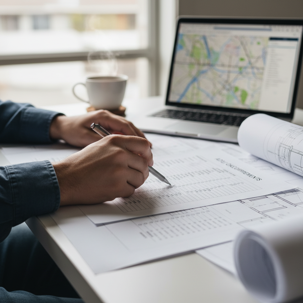 ADU Pre-Application Meeting: Your Essential First Step — A close-up shot of hands, one holding a pen, reviewing detailed architectural drawings and a printed ch