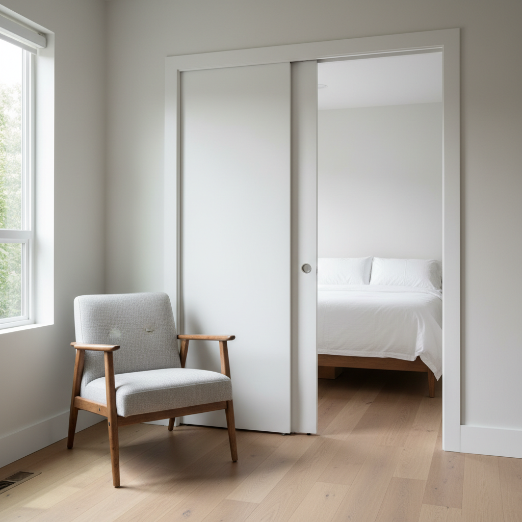 What Is a Pocket Door and Why ADU Designers Use It in Small Floor Plans — An interior view of a compact ADU living space. A modern, minimalist white pocket door