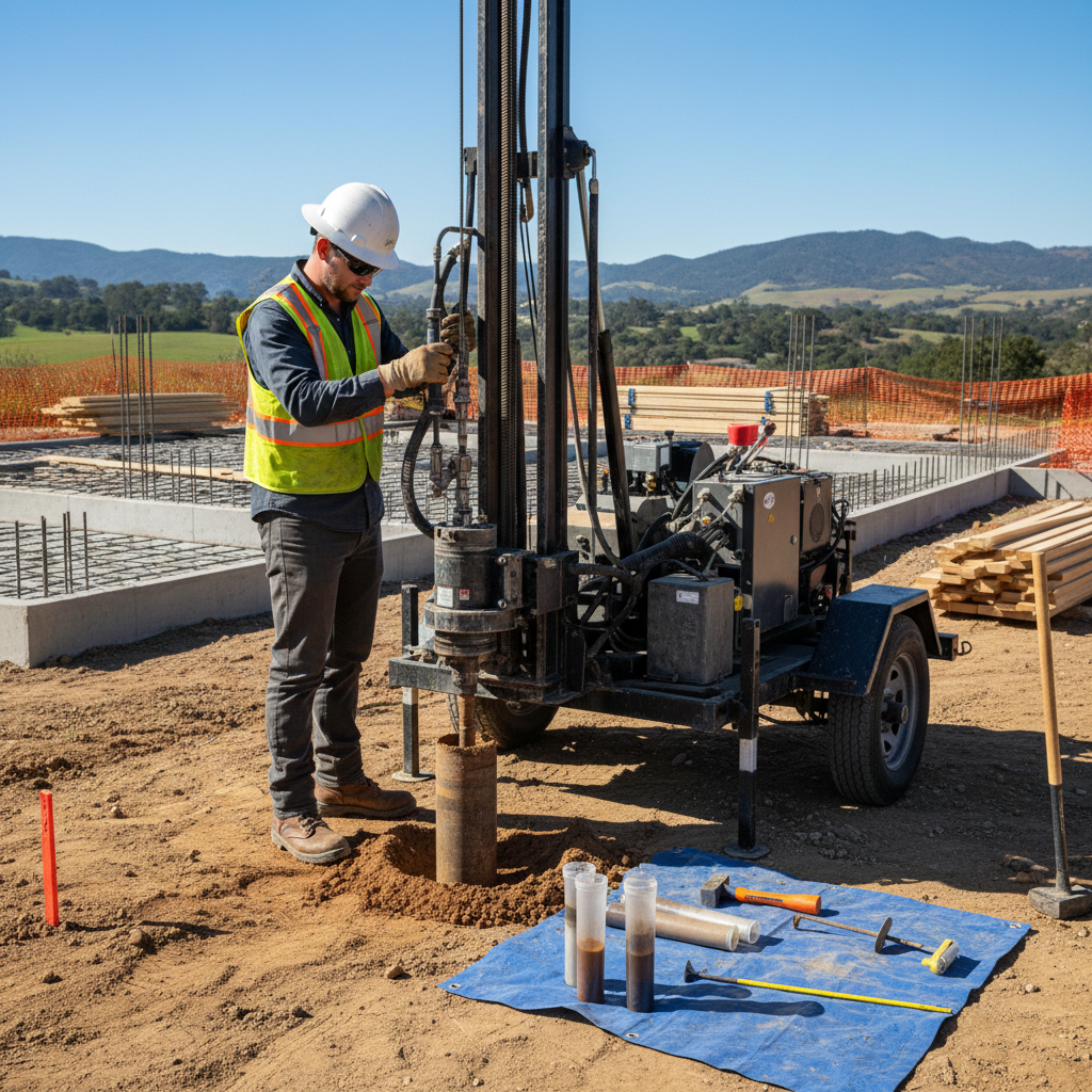 What Is Soil Bearing Capacity & How It Affects ADU Foundations — A geotechnical engineer on a residential construction site, operating a soil testing rig to ext