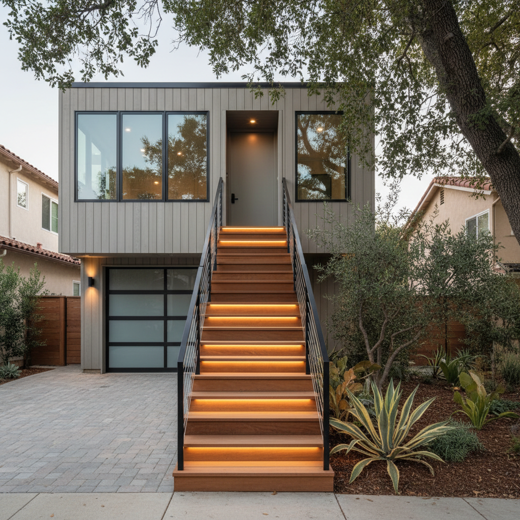 ADU Above Garage: Decoding Structural Requirements for Your California Home — A side view of a newly constructed, stylish exterior staircase leading up to the e