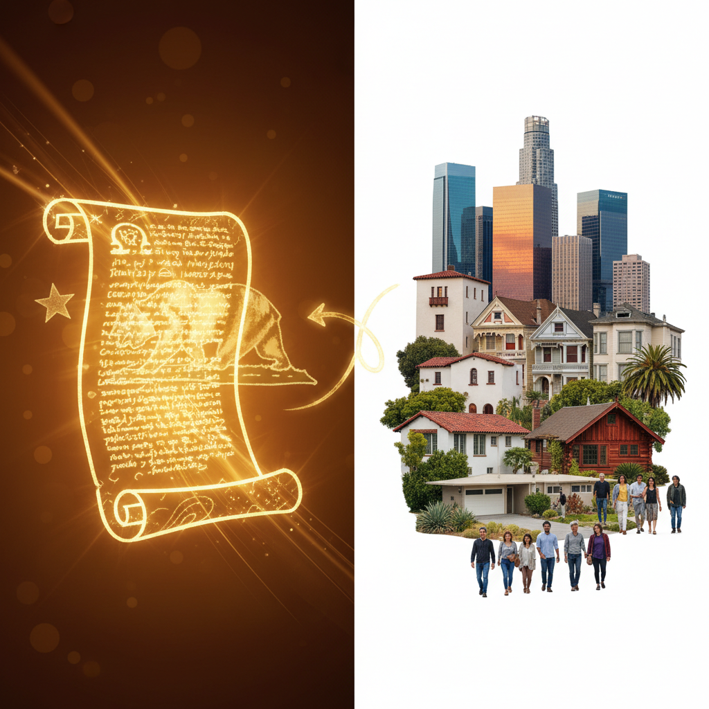 Local ADU Ordinances & State Law in California — A split image. On one side, a stylized depiction of California state law (e.g., a golden scroll or abstract leg