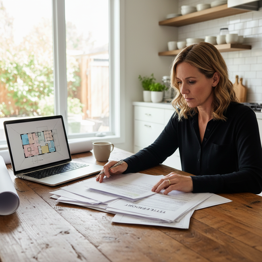 What Is a Title Report and Why It Matters for Your ADU — A homeowner sitting at a kitchen table, intently reviewing a stack of property documents, including a t