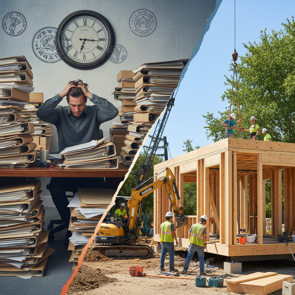 CA Housing Accountability Act: Protecting Your ADU Project — A compelling split image. On one side (left), a frustrated individual is seen amidst stacks of pape