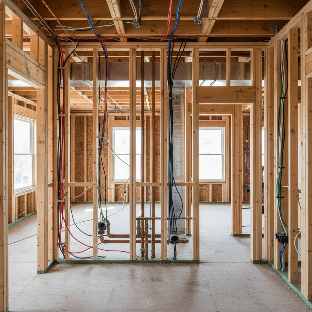 ADU Construction Phases: Your Path to a Backyard Home — An interior shot of an ADU during the 'rough-in' phase. The wooden framing is visible, with colorful ele