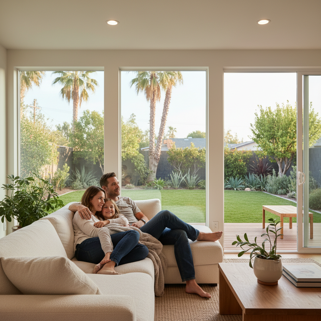 AB 462: Occupy Your ADU Sooner After Wildfire Destruction in CA — A family (two adults, one child) comfortably settling into a modern, well-lit ADU living room,