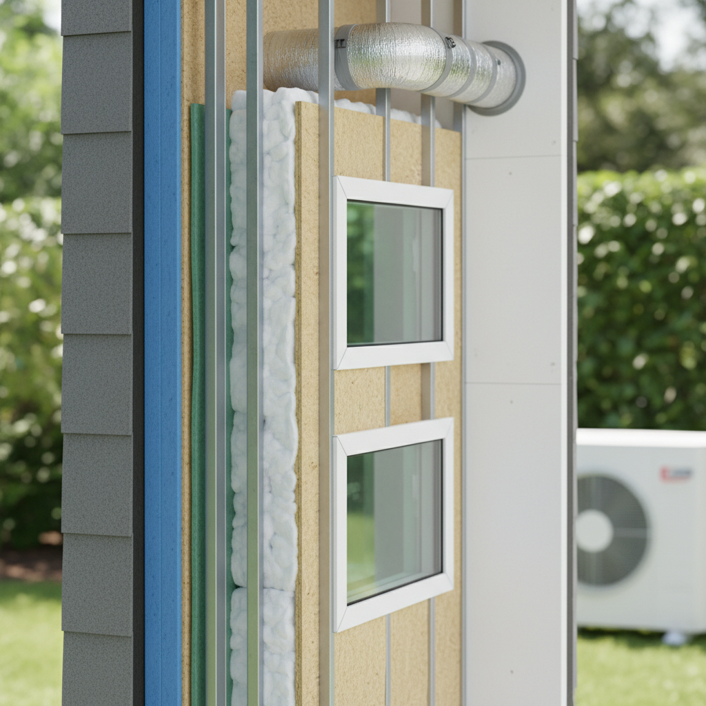 ADU Energy Compliance Report: What It Is & When to Submit — A cross-section view of a modern ADU wall, highlighting layers of high-performance insulation (e.g.,