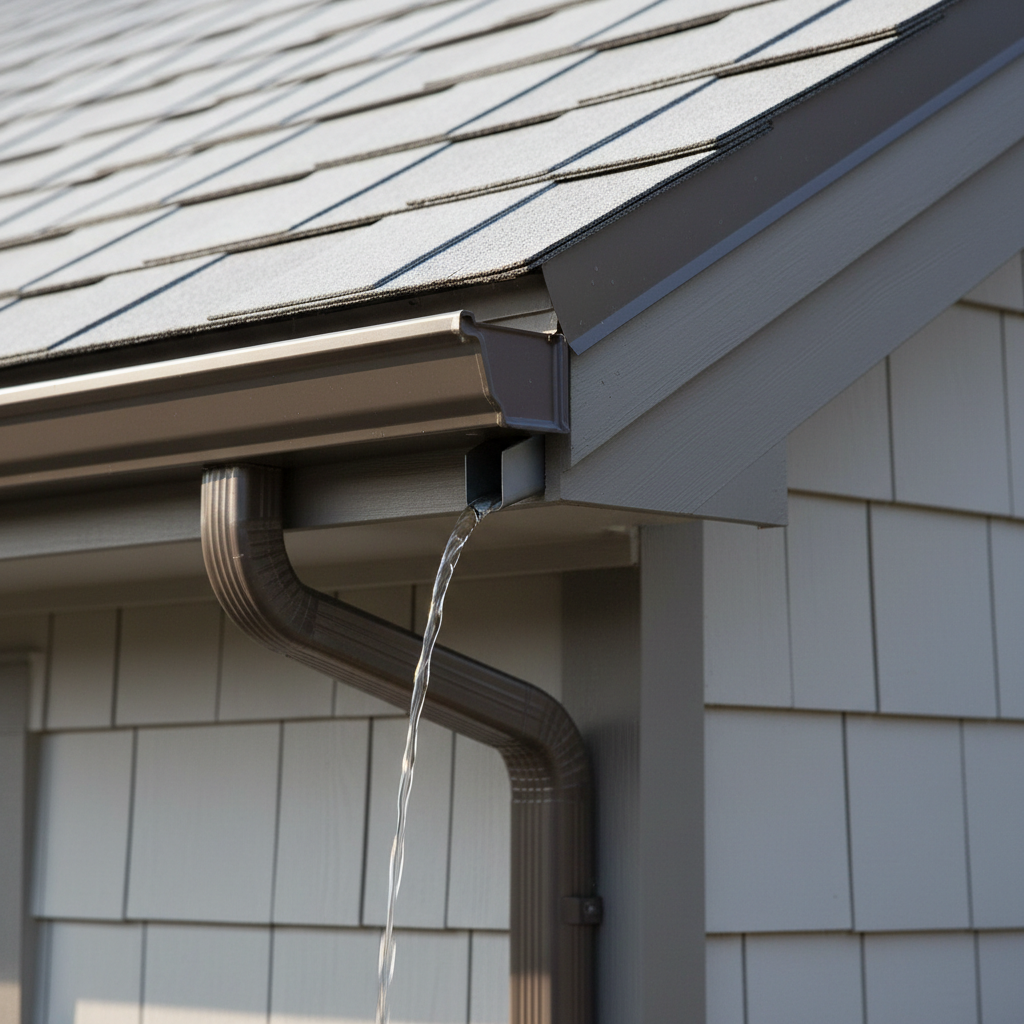 What Is Flashing in ADU Construction and Where It Gets Installed — A close-up, photorealistic image of a critical kick-out flashing detail at the bottom of a ro