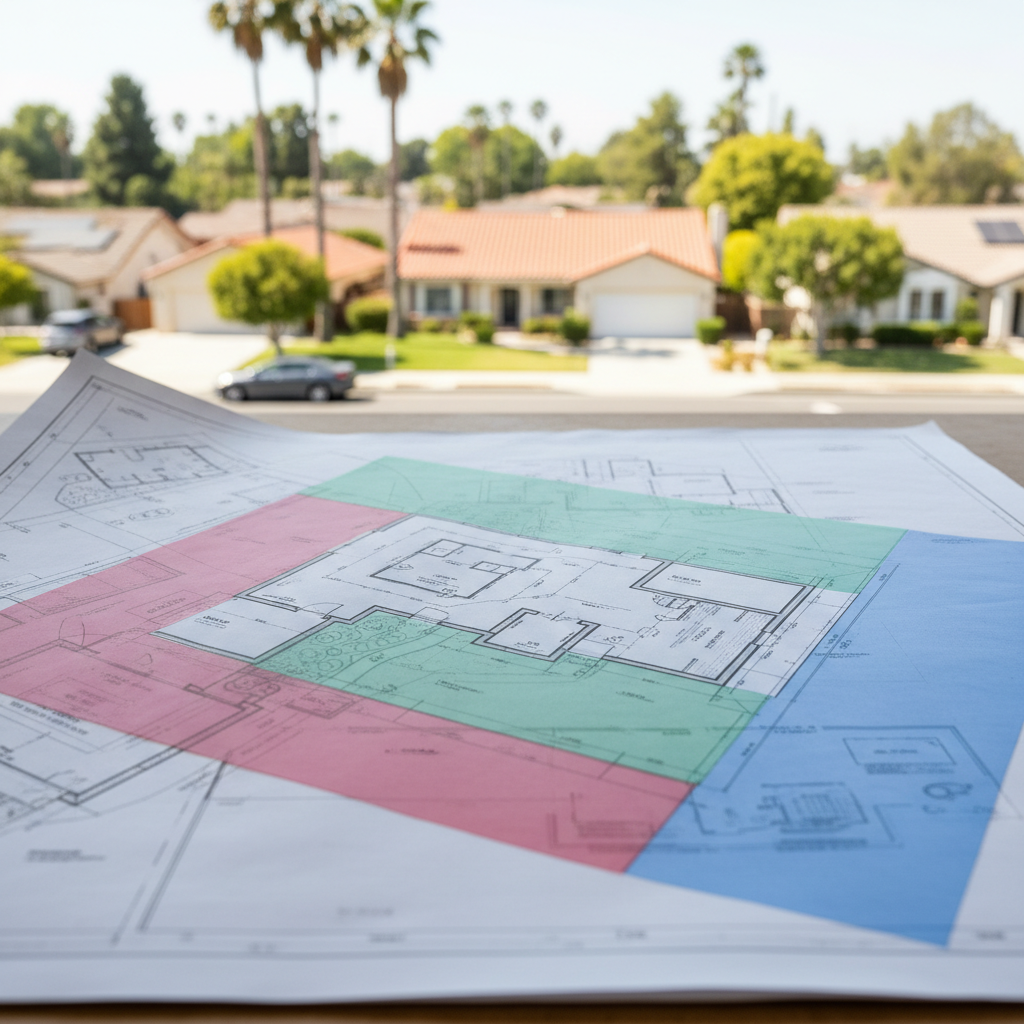 Building vs. Planning Dept: Navigating ADU Permits — A detailed, clear architectural site plan for an ADU with various colored overlays indicating setbacks, lot