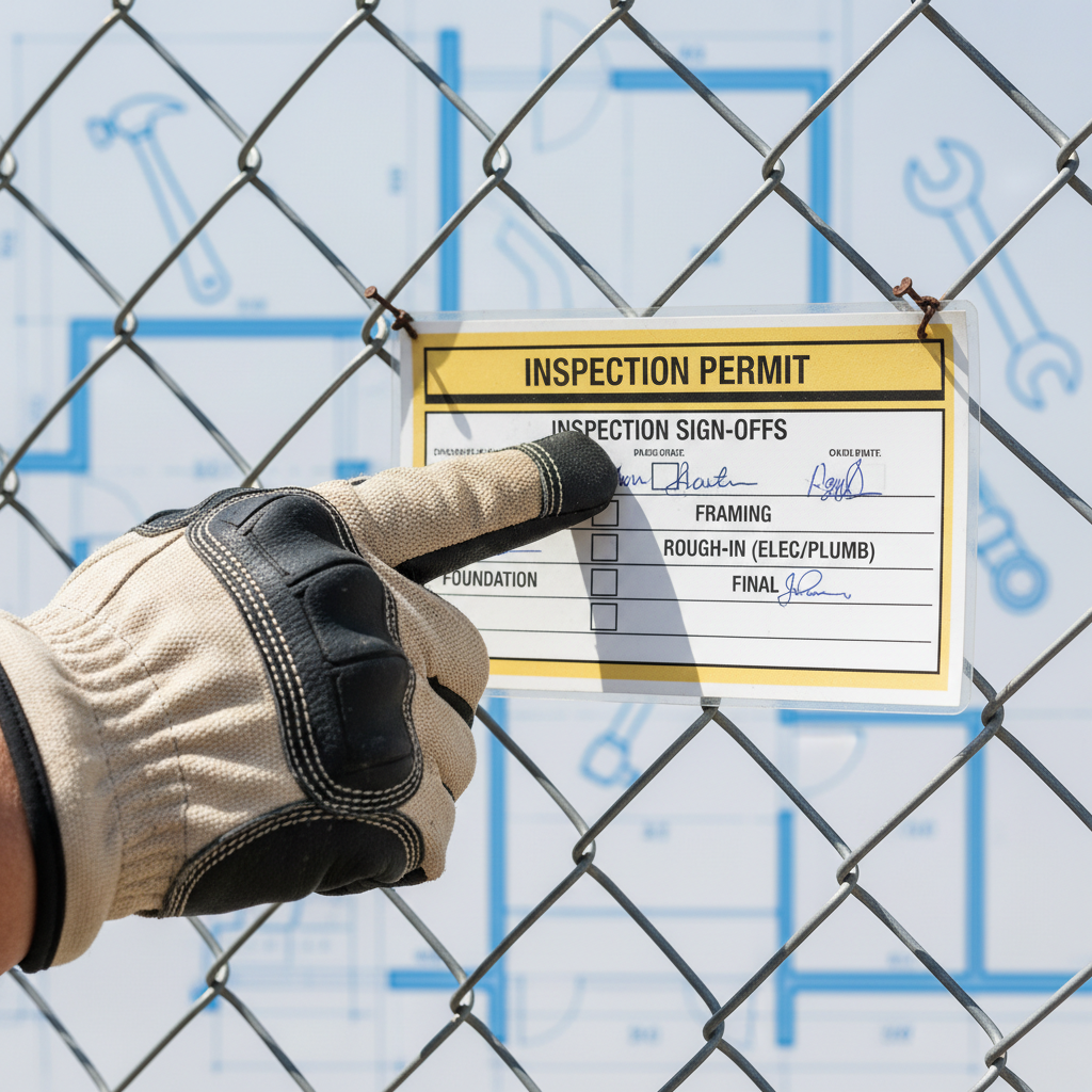 What Is a Building Permit Card and Why It Needs to Stay on Site During ADU Construction — A close-up shot of a gloved hand (representing a contractor or project