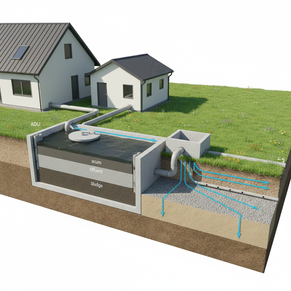 Building an ADU with a Septic System: Your Essential Guide — A clear, educational diagram illustrating the components of a conventional septic system: a septic
