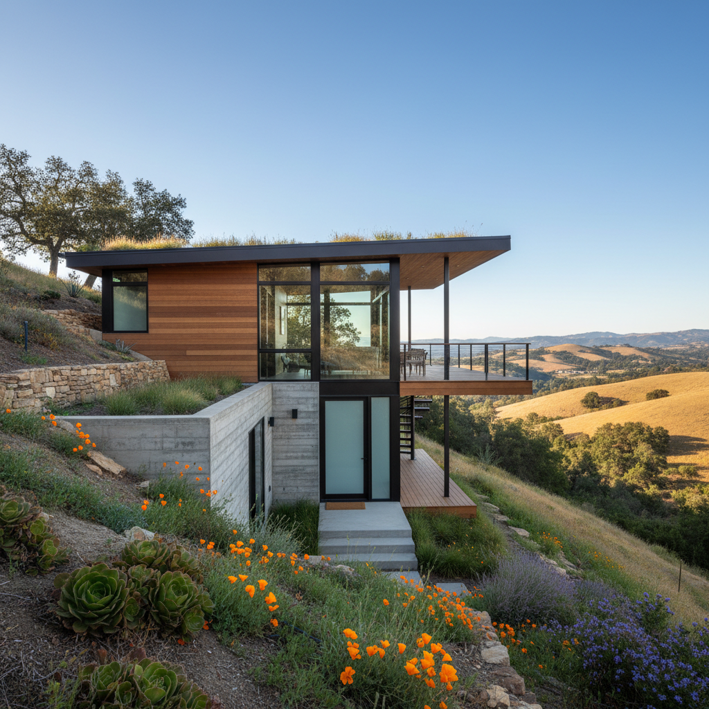 Split-Level ADU Floor Plan: Is It Right for Your Backyard Home? — A side exterior view of a modern split-level ADU built on a moderately sloped lot. One end of