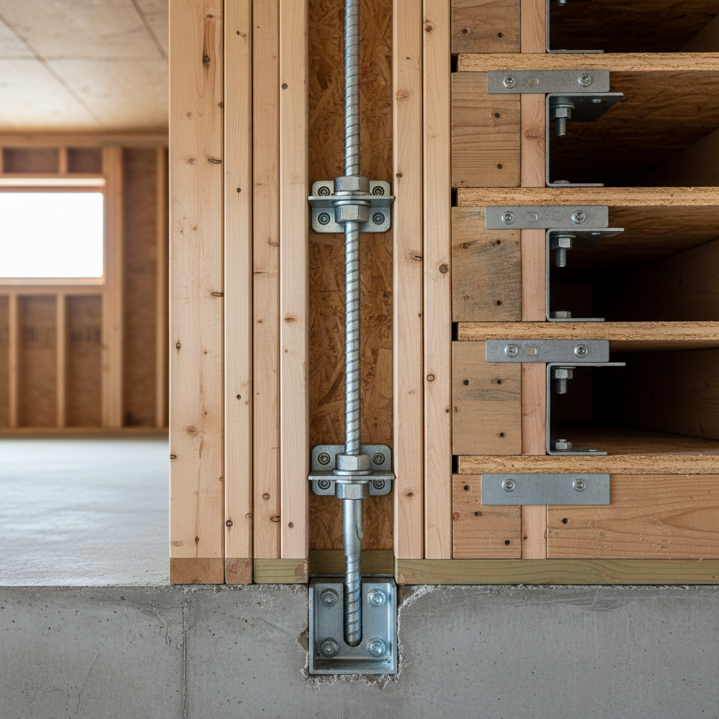 What Is a Hold-Down in ADU Structural Engineering and Why It Matters — A close-up, cutaway view illustrating a continuous threaded steel rod hold-down system ru