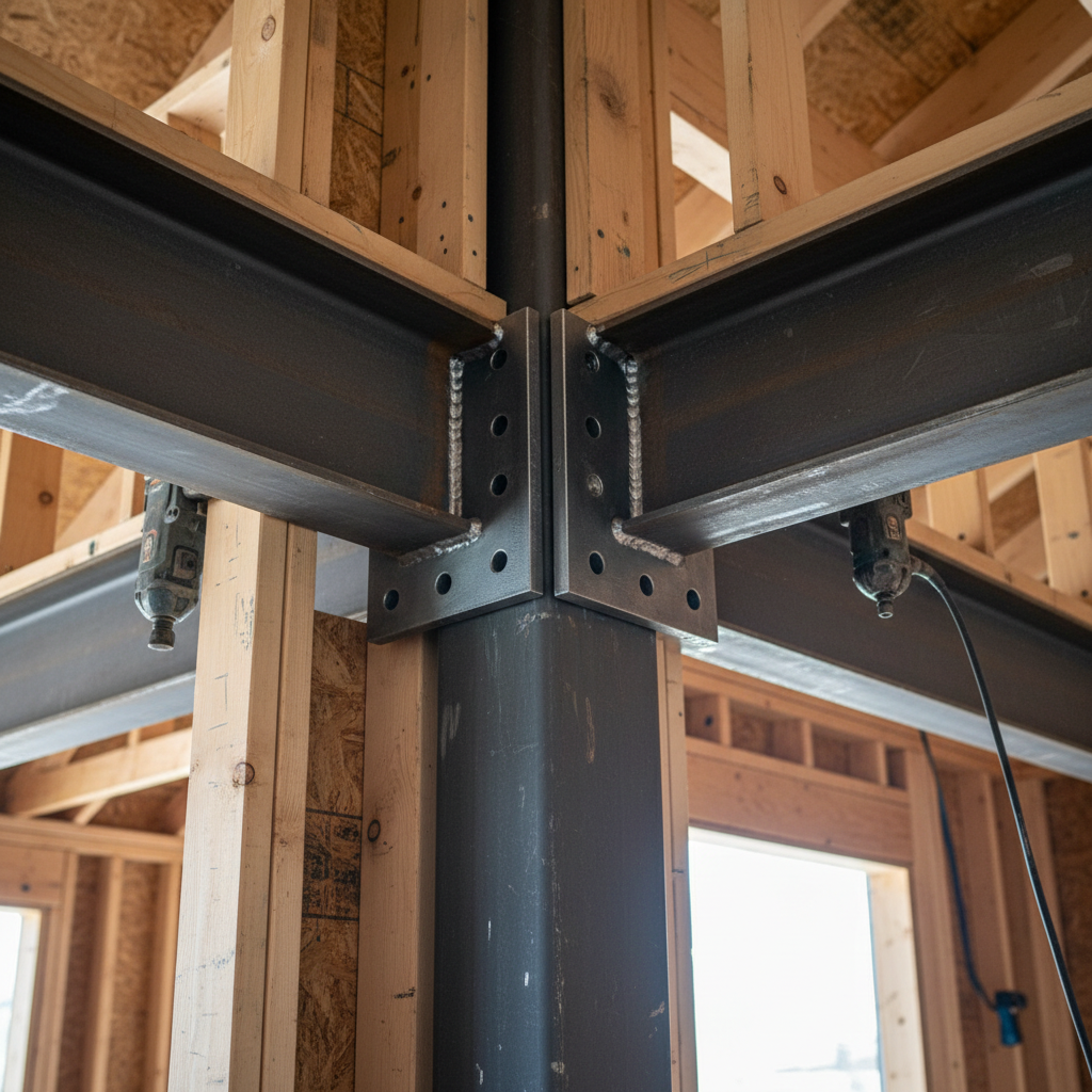 ADU Moment Frames: What They Are & When You Need One — A close-up, slightly technical photo of a steel moment frame connection being installed within the framin