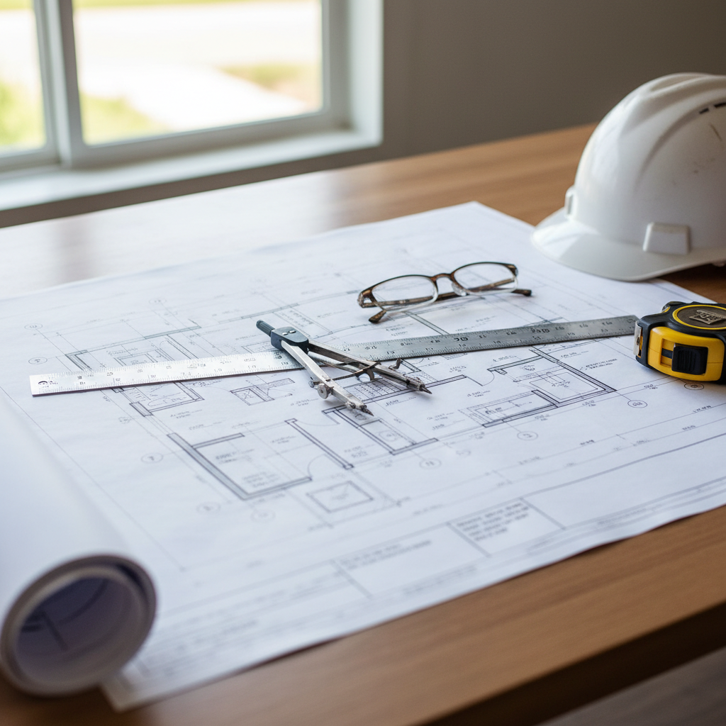 Selling Your Home with an Unpermitted ADU in California? — A clean, well-lit desk showing architectural blueprints for an ADU laid out, with a compass, ruler, h
