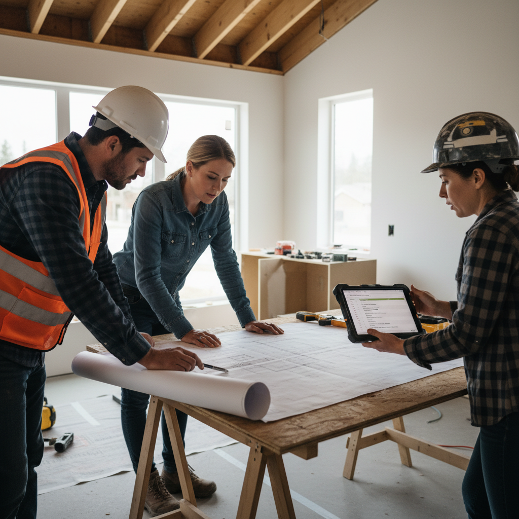 Substantial Completion in ADU Construction: Why it Matters — A close-up shot of a contractor, homeowner, and possibly an architect, reviewing a blueprint or a t