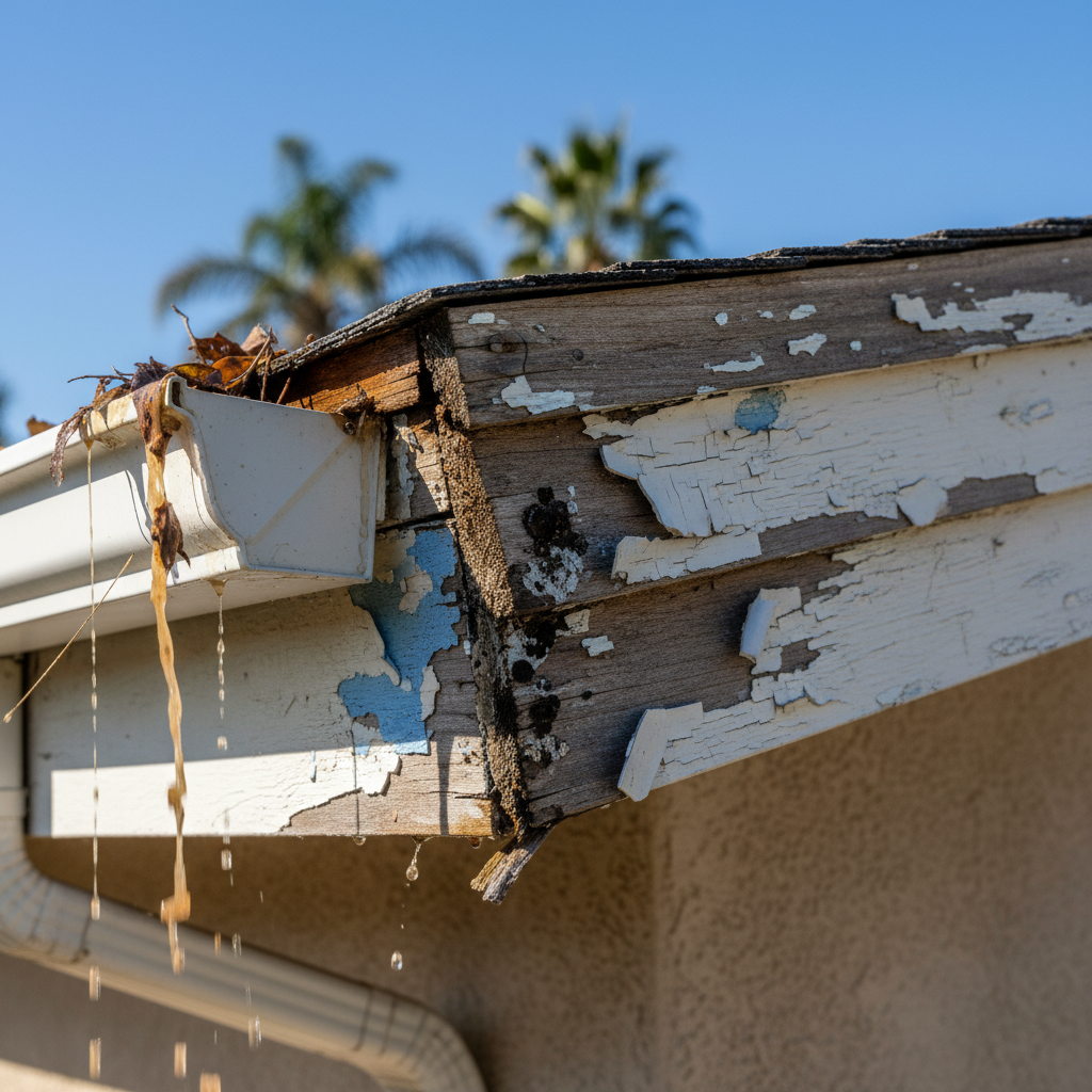 What Is a Fascia Board on an ADU and How It Affects Moisture Control — A photorealistic image of a damaged ADU fascia board, showing signs of wood rot, peeling
