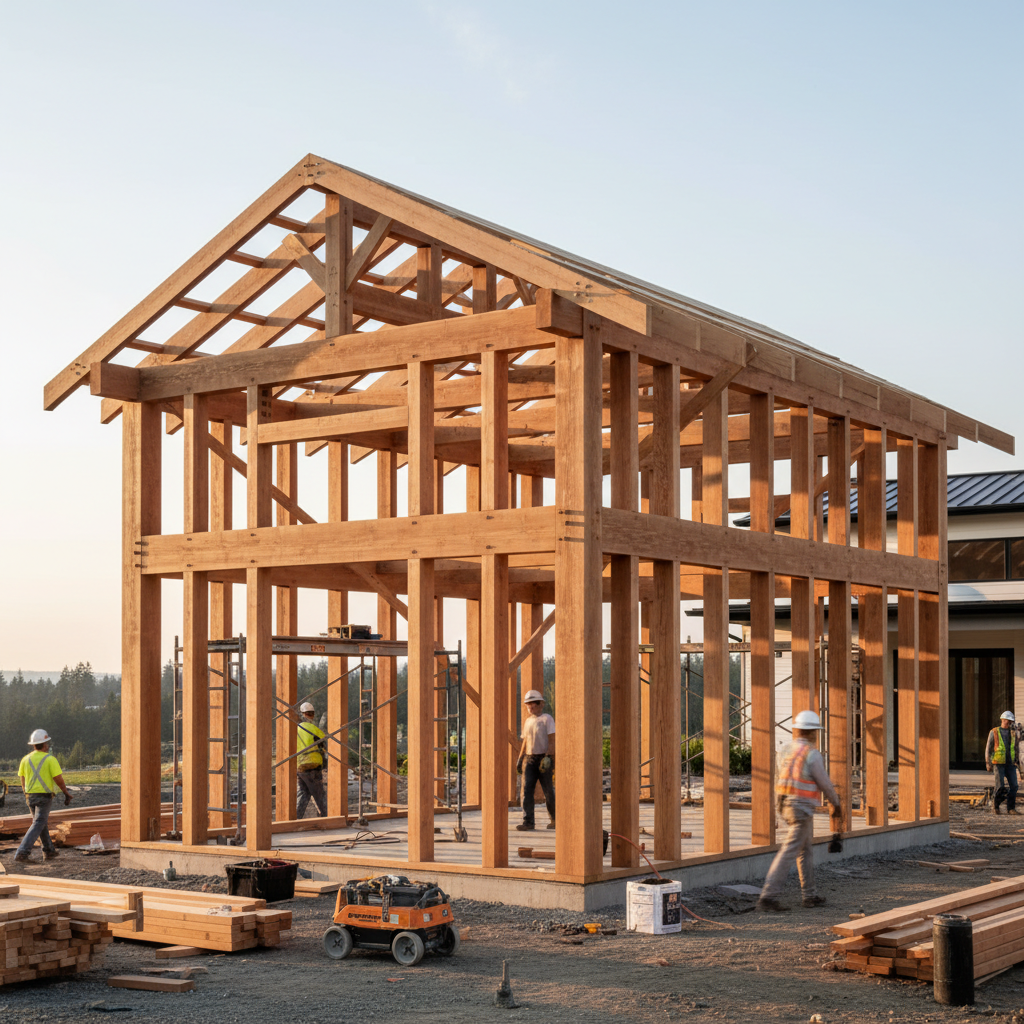 Post-and-Beam ADU Construction: Benefits & Design Guide — A photorealistic exterior view of a post-and-beam ADU under construction, clearly showing the skeleton