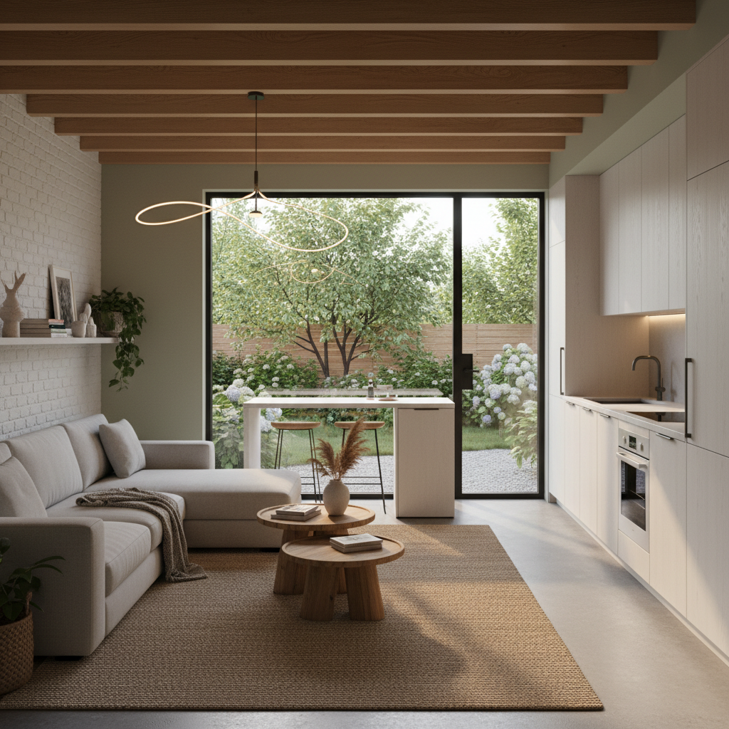 ADU Design-Build Firms: Your Path to a Seamless Backyard Home — A detailed 3D rendering of a modern ADU interior, showcasing an open-concept living space with a