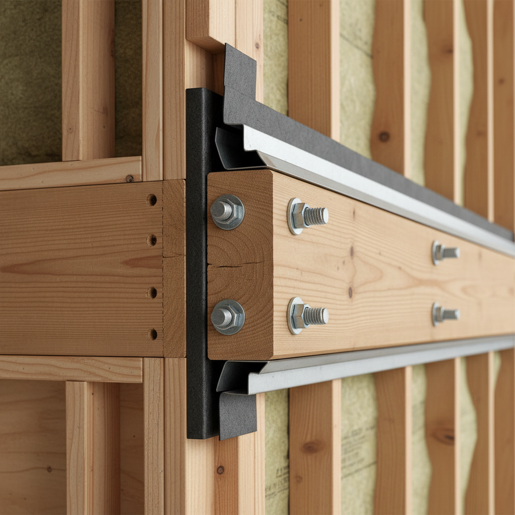Ledger Boards: Essential for Attached ADU Construction — A close-up, cutaway illustration showing a cross-section of a ledger board securely fastened to an exis