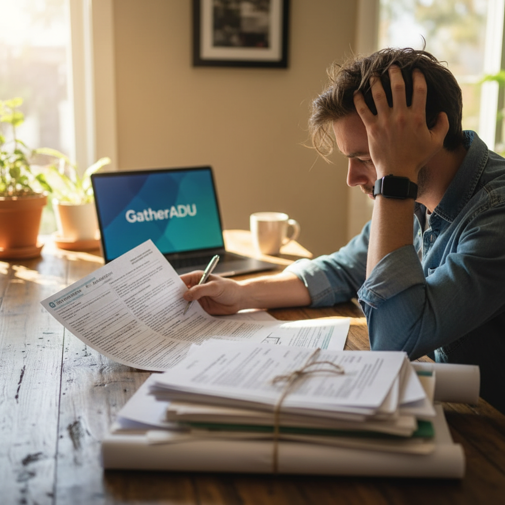What Permits Does a Garage Conversion Need Beyond the Standard Building Permit — A homeowner looking at a complex city permit application form and a stack of do