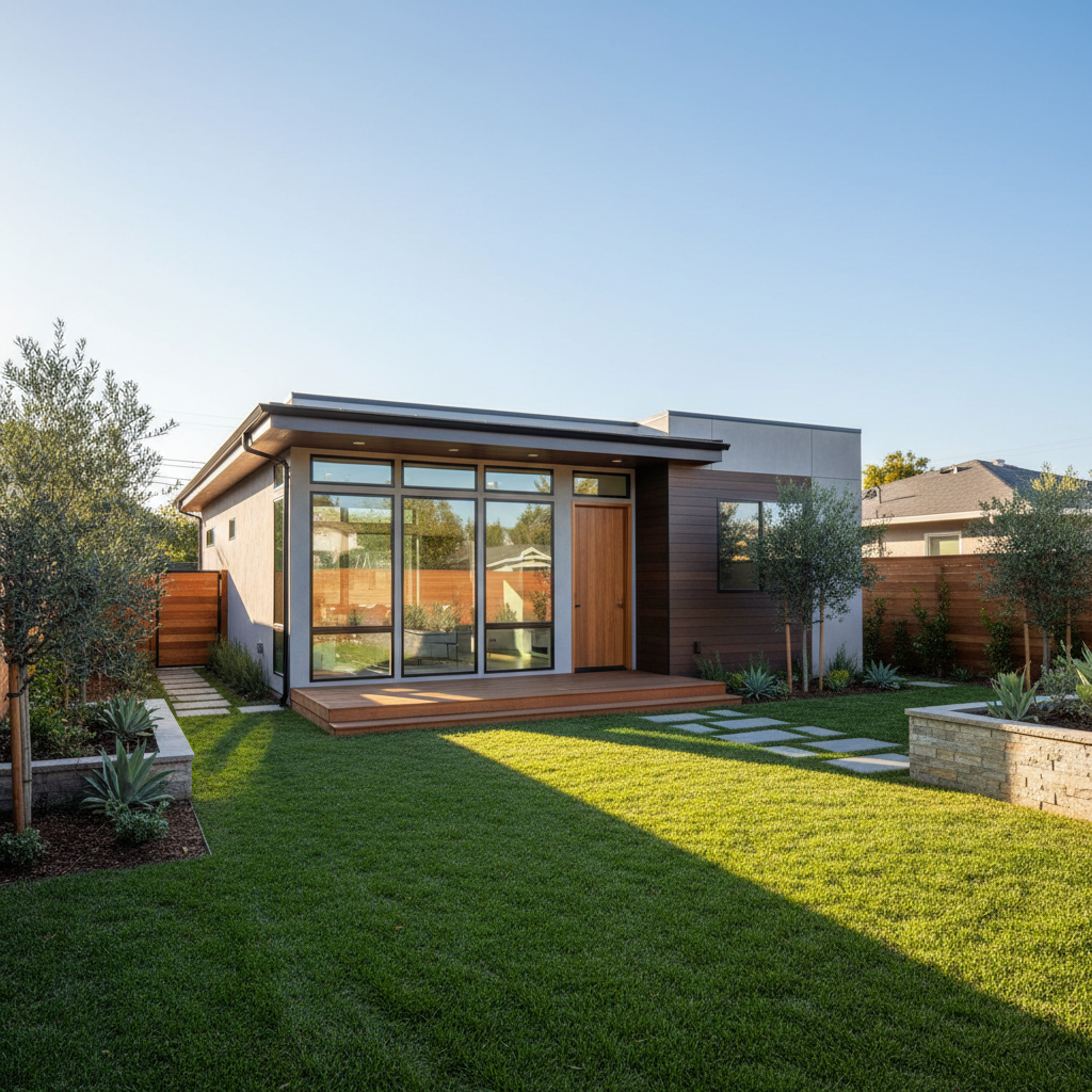 Photorealistic exterior photo of a modern detached ADU in a sunny residential backyard. The ADU has clean contemporary design, large windows, and a welcoming en