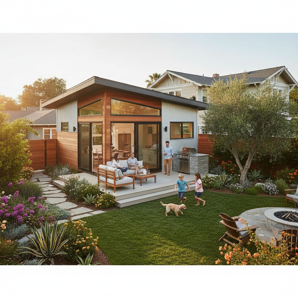 Building vs. Planning Dept: Navigating ADU Permits — A beautifully completed, modern ADU nestled in a vibrant, landscaped California backyard, with a family enj