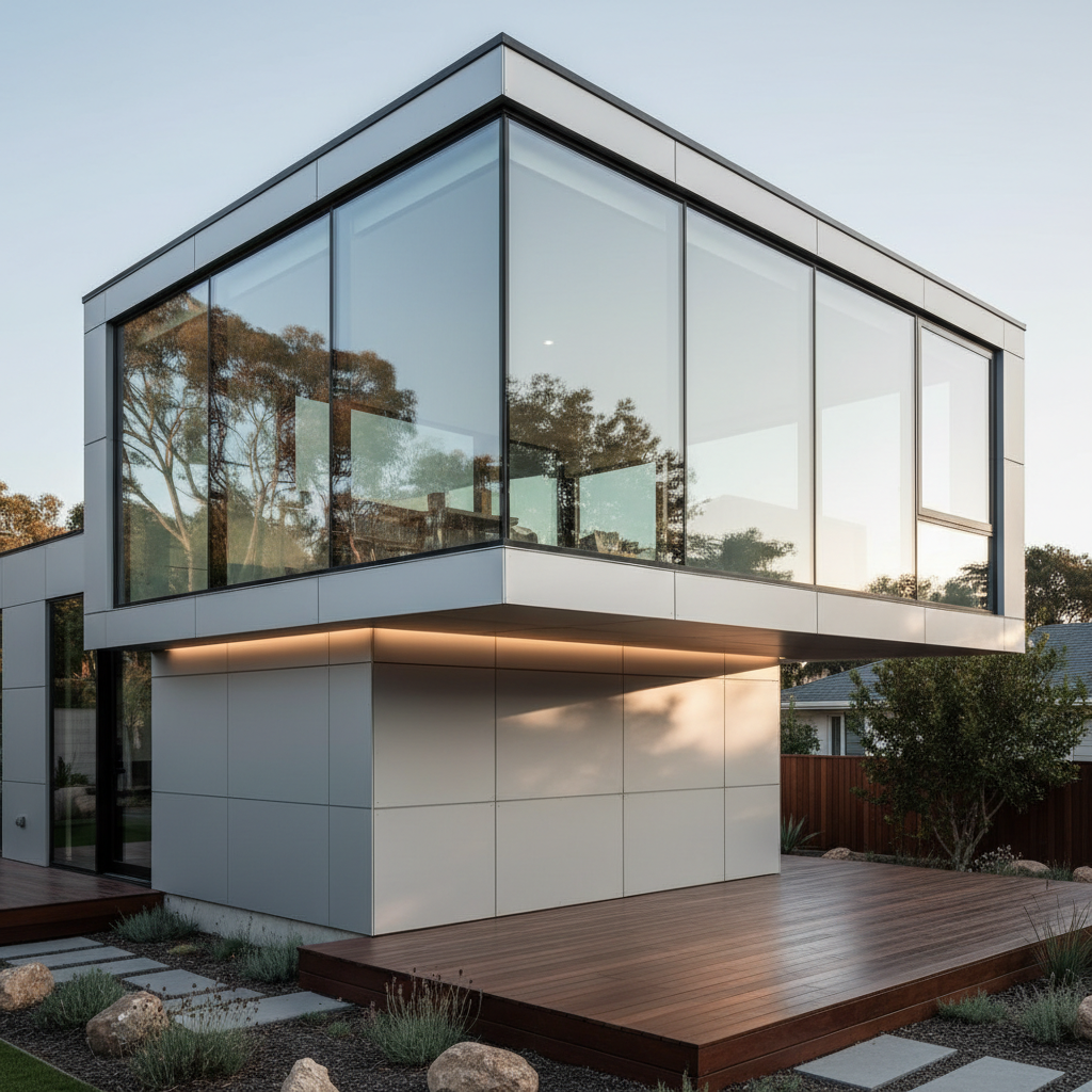 Cantilevers in ADU Design: Structural Innovation & Uses — A close-up architectural detail of a stylish cantilevered corner of an ADU, featuring large, expansive