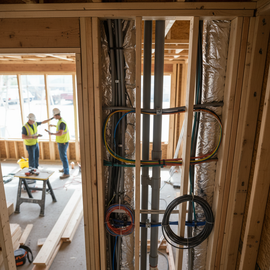 The Essential ADU Mechanical Chase: Design Matters — A close-up, high-angle shot of an ADU construction site, focusing on a framed section of a wall or ceiling