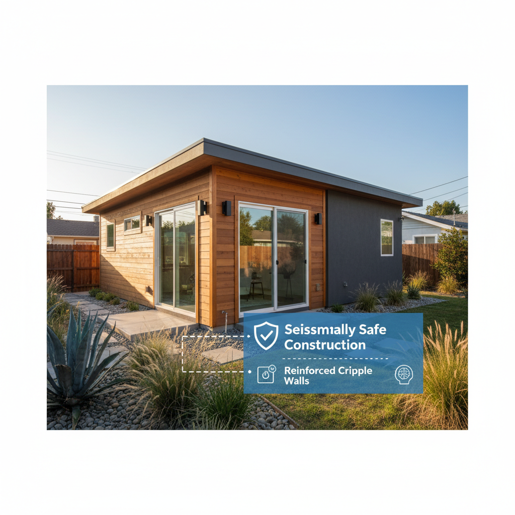 What Is a Cripple Wall and Why It Matters for ADU Seismic Safety in California — An architectural rendering or photograph of a finished, modern ADU in a Califor
