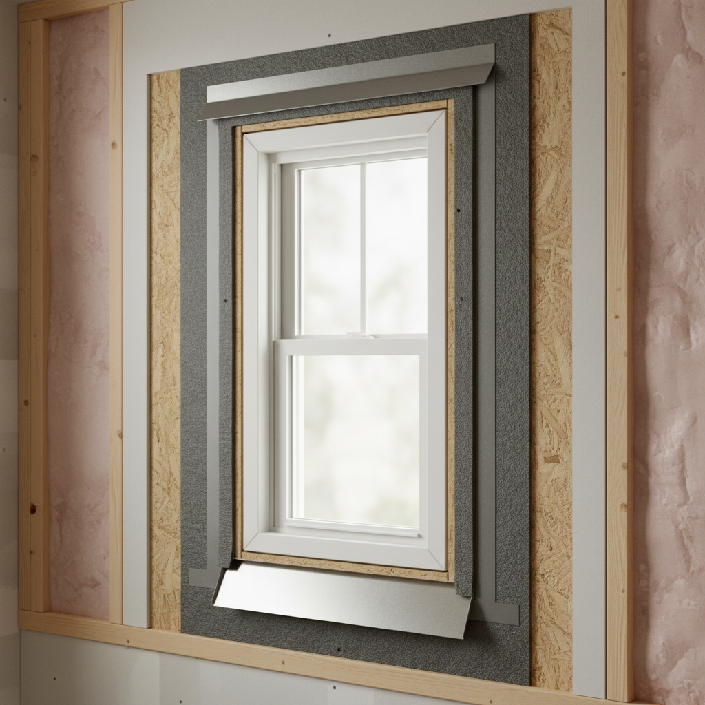 What Is Flashing in ADU Construction and Where It Gets Installed — A photorealistic cutaway diagram showing the cross-section of a window installation in an ADU