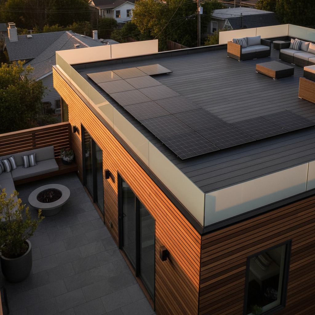 Designing Your ADU for Long-Term Value and Livability — A stylish ADU rooftop featuring discreetly integrated solar panels, with a glimpse of an adjacent privat