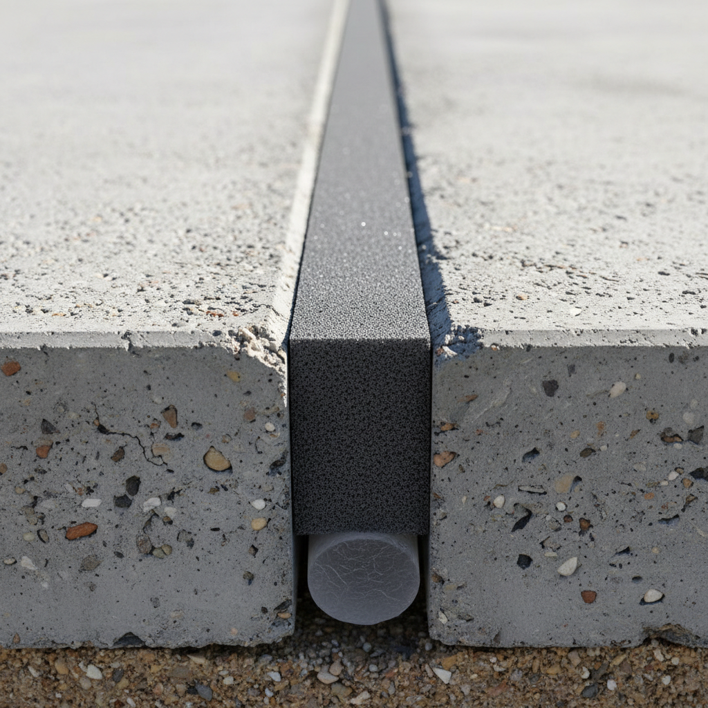 ADU Expansion Joints: What They Are & When They're Required — A close-up, cross-section view diagram of a concrete slab illustrating an expansion joint with its