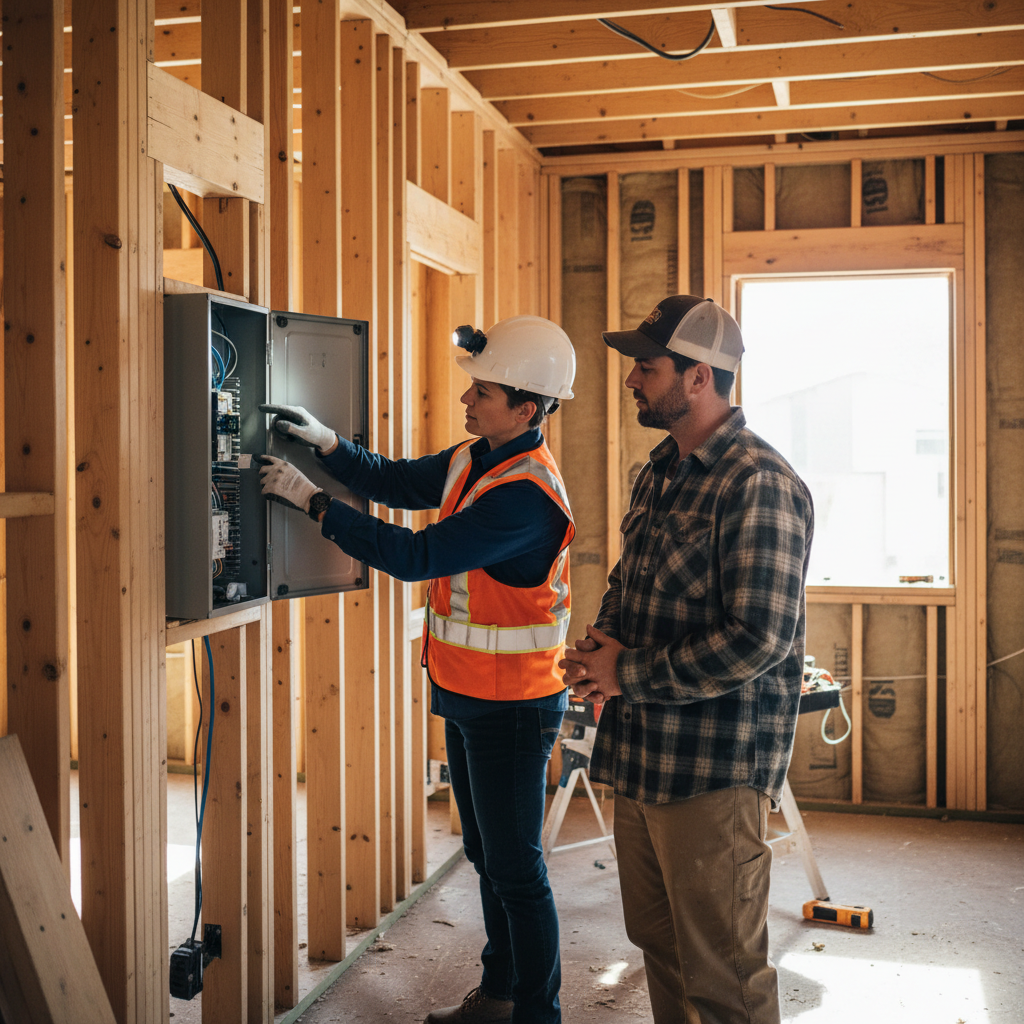 How ADU Projects Get Closed Out: From Final Inspection to Move-In — Photorealistic, a professional building inspector, wearing a hard hat and safety vest, metic