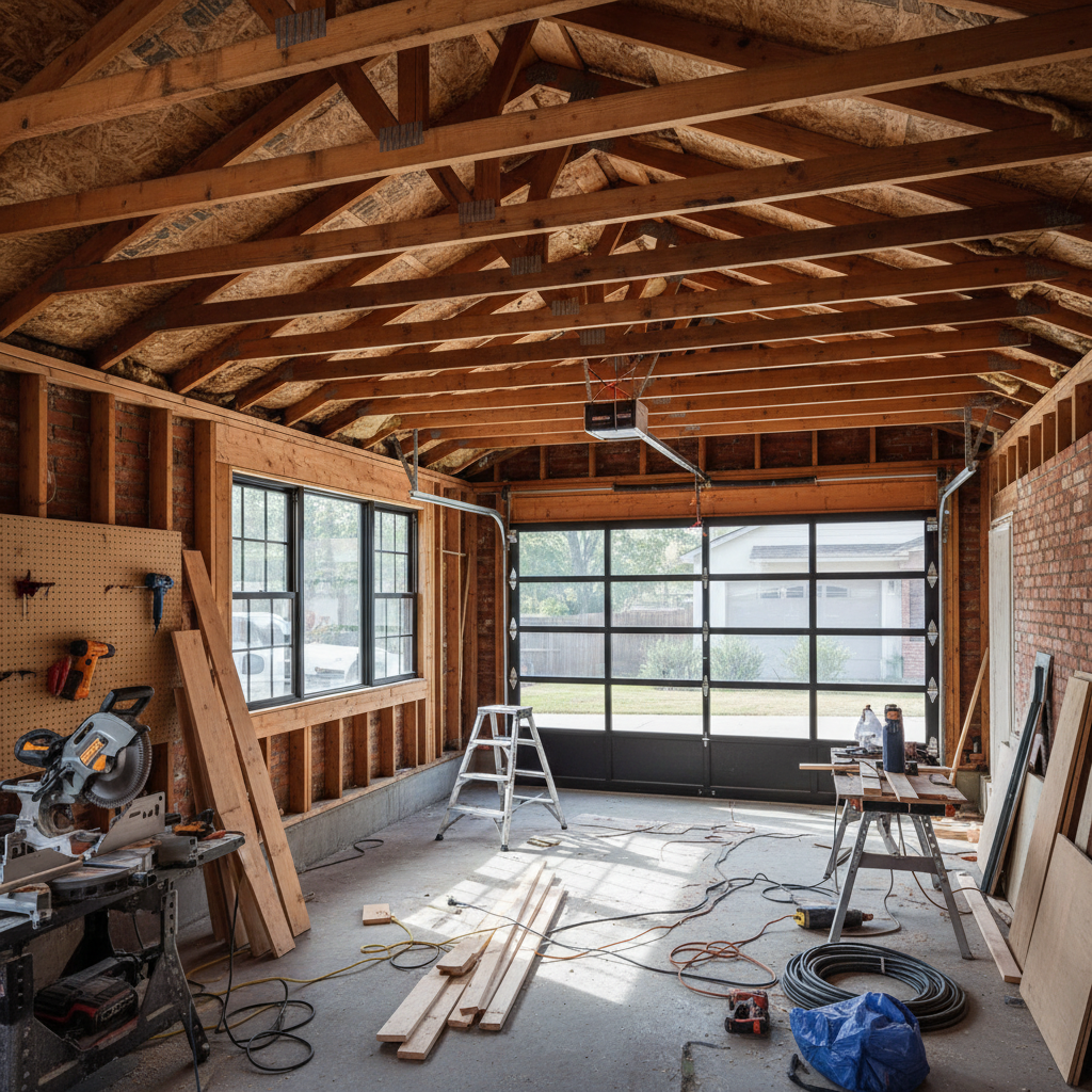 ADU Ceiling Height Requirements in California: What the Code Actually Requires — A garage conversion in progress, with visible exposed rafters and original ceil
