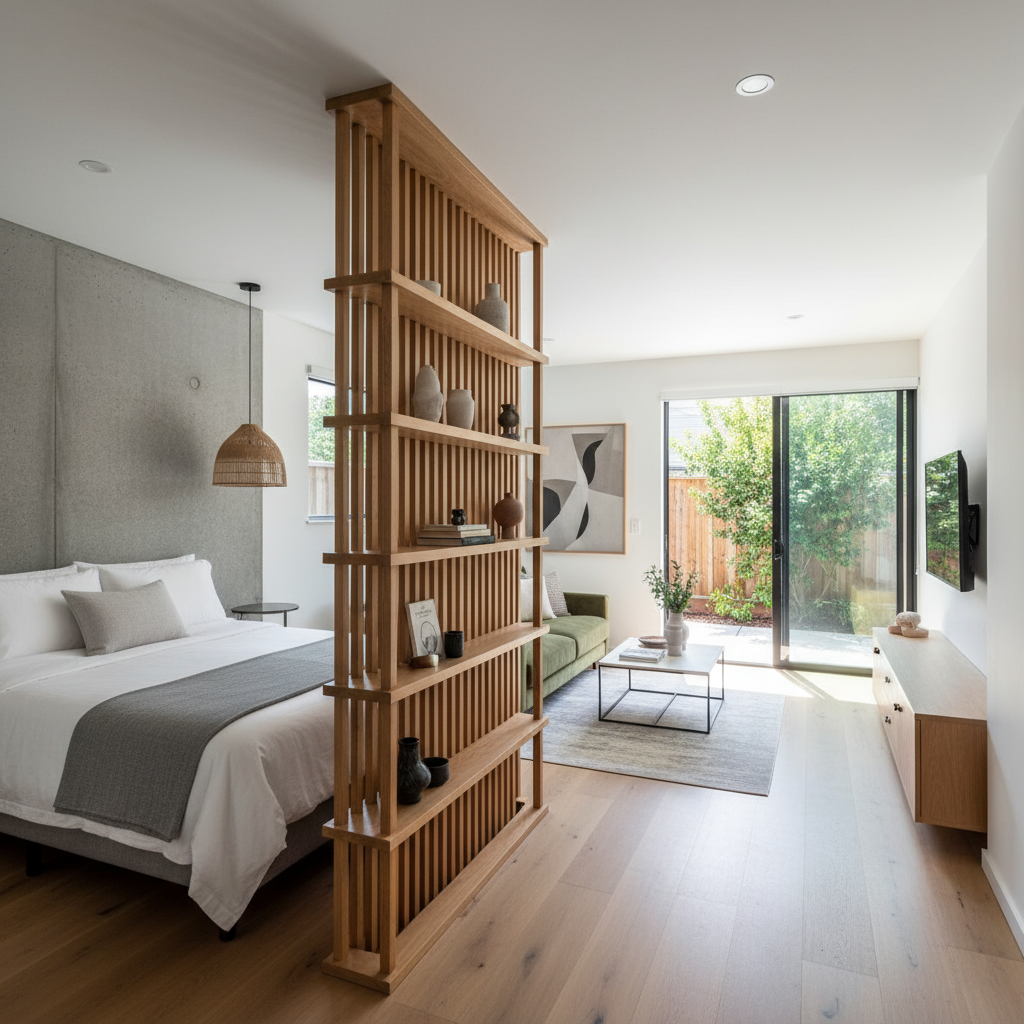 ADU Layout: Open Concept vs. Divided Rooms – Which is Best? — A thoughtfully designed ADU interior with a clear, but not cramped, separation between a sleeping