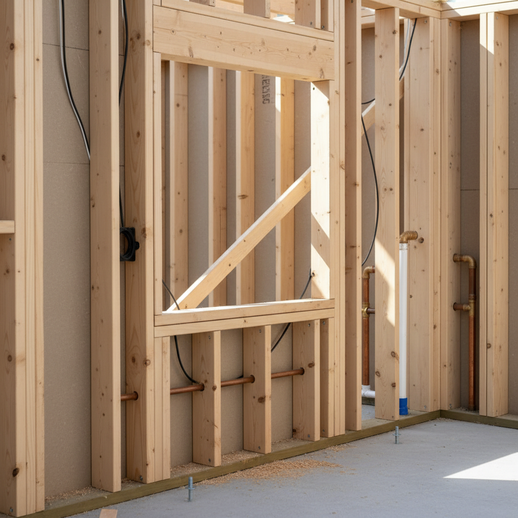 ADU Rough Framing: What It Is & What It Includes — Close-up detail of ADU wall framing, showing a perfectly aligned row of vertical studs, a horizontal header a