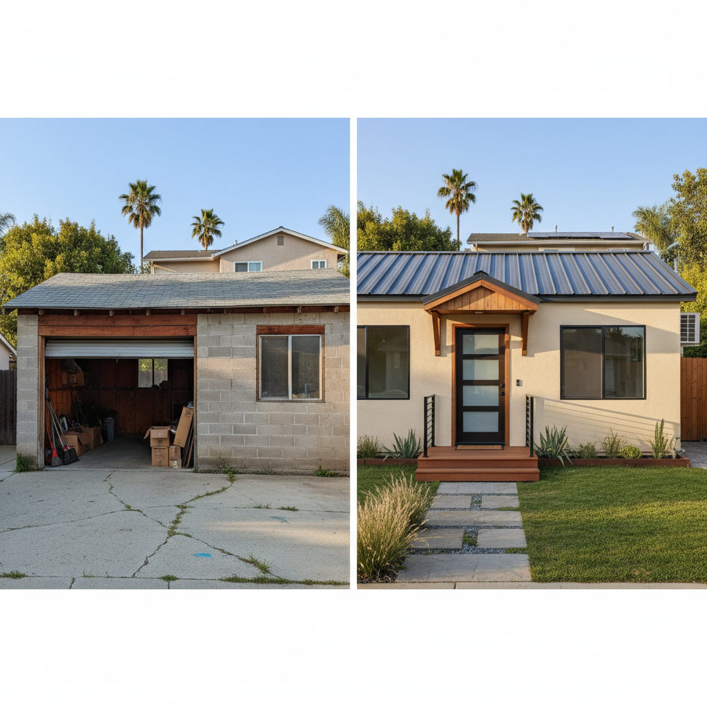 Accessory Structure vs. ADU: CA's Key Differences — A side-by-side comparison image in a suburban California setting: on one side, a simple, un-insulated detach