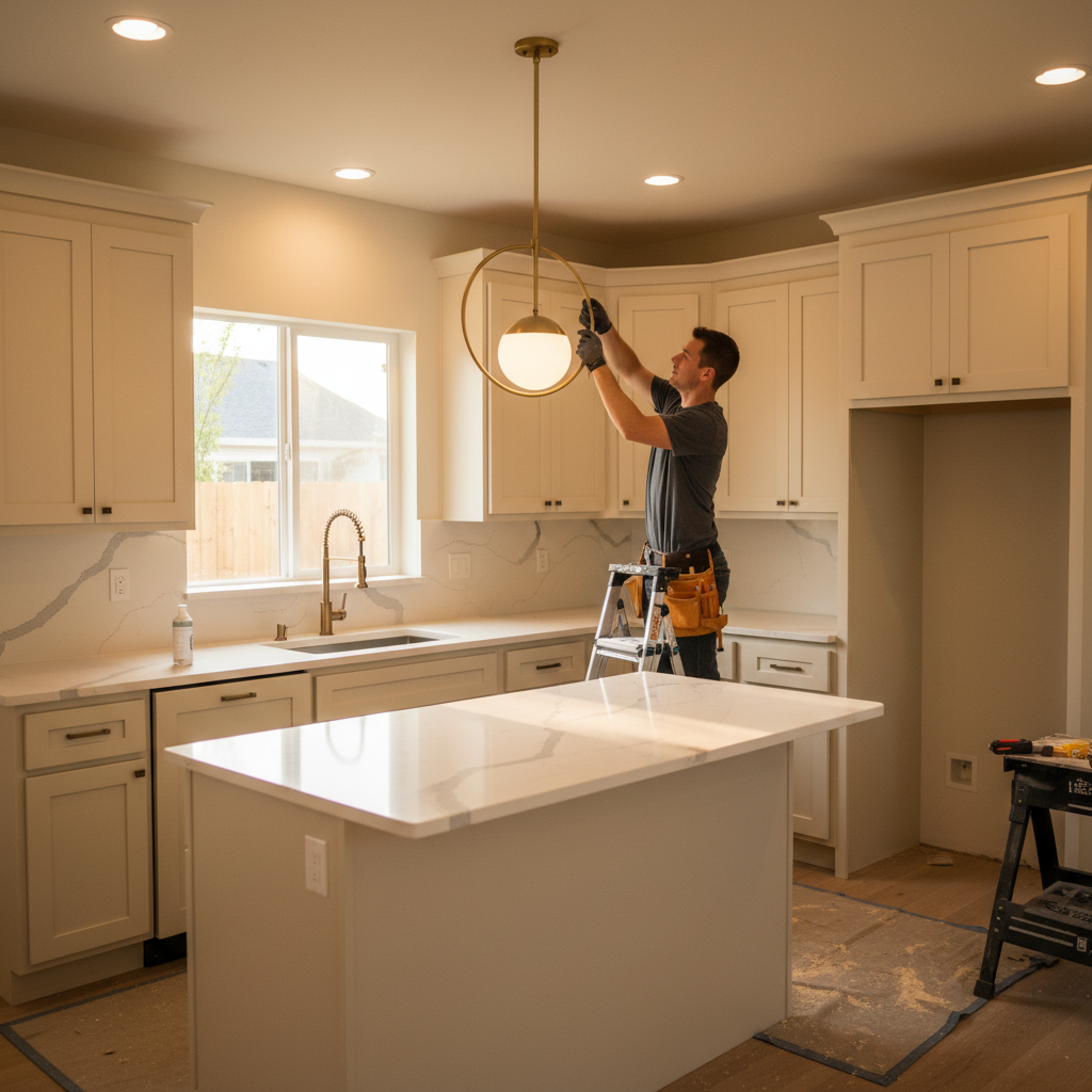ADU Construction Phases: Your Path to a Backyard Home — A warm, inviting interior shot of a nearly completed ADU kitchen. New cabinetry, a gleaming countertop,