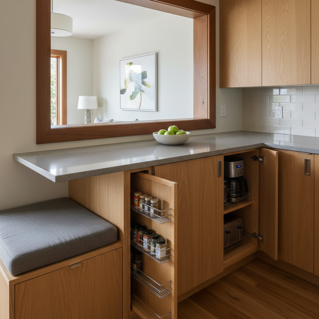 What Is a Pass-Through Kitchen and Does It Work in a Small ADU — A close-up shot of a well-designed pass-through counter in an ADU kitchen, featuring clever int