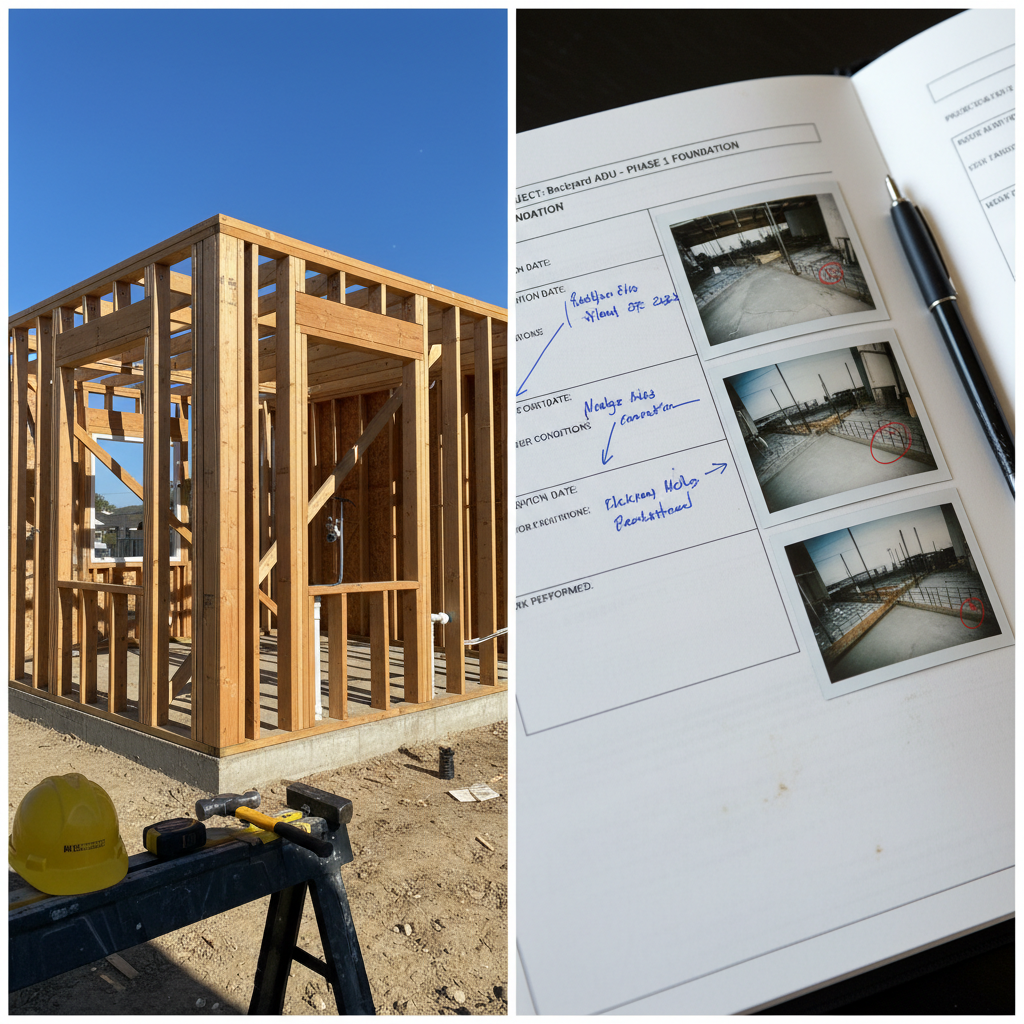 Construction Observation Reports for ADU Projects — A split image showing, on one side, a partially framed ADU with visible structural elements, and on the othe