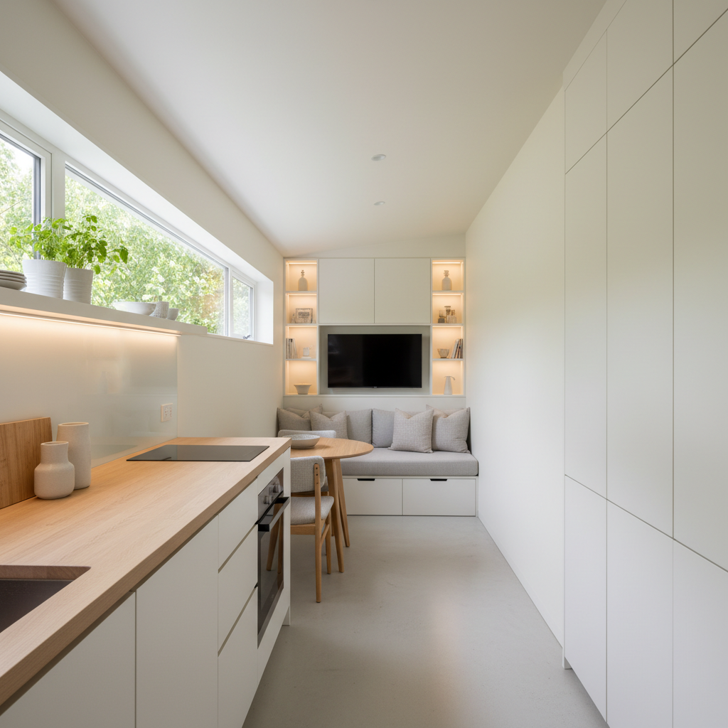 Building an ADU on a Narrow Lot: What Your Options Actually Are — A photorealistic, interior view of a 'skinny' ADU, showcasing an open-concept living area with