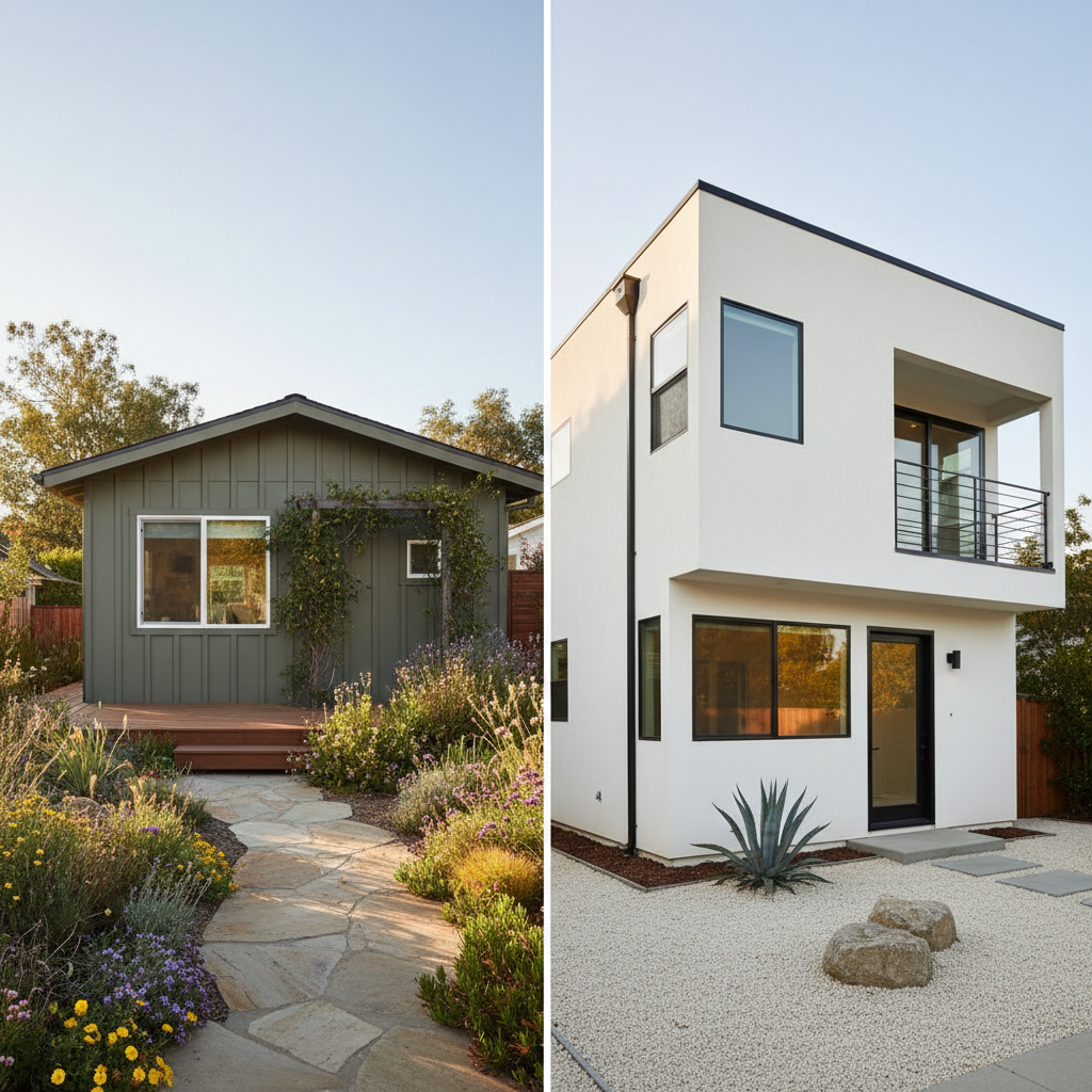ADU Exterior Color Selection: Choosing Finishes That Work — A side-by-side comparison of two ADUs: one with a muted, earthy green exterior blending seamlessly i