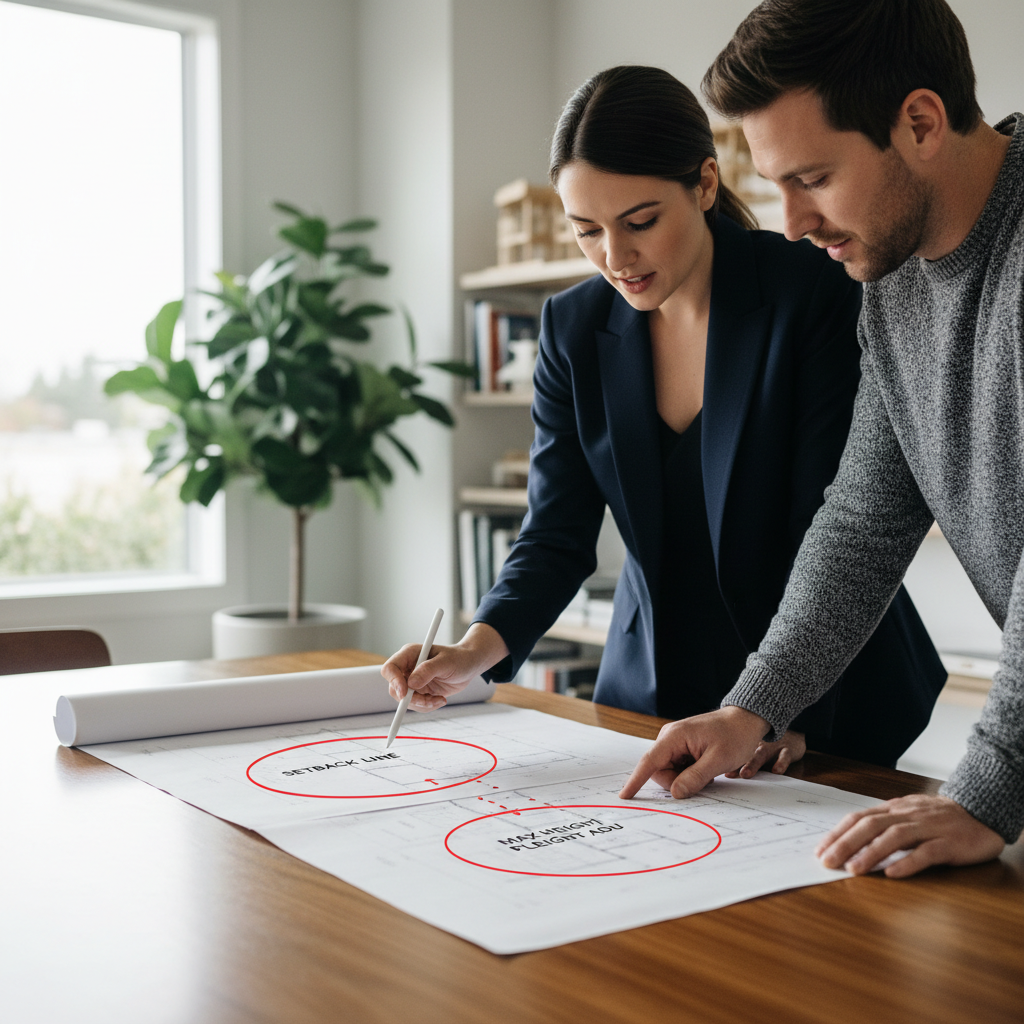 Local ADU Ordinances & State Law in California — A close-up shot of an architect and a homeowner reviewing ADU blueprints on a table, with specific sections hig