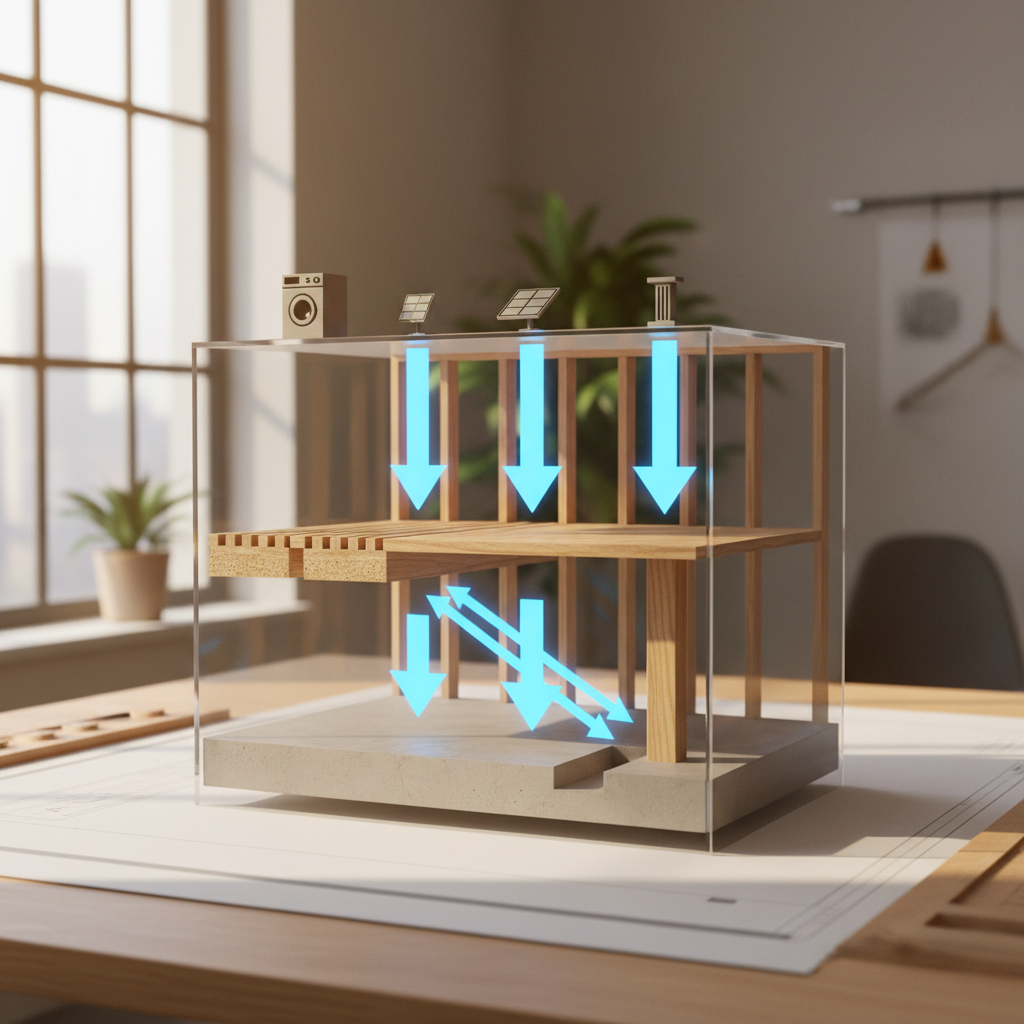 ADU Point Loads: Understanding Structural Engineering — A conceptual diagram showing a simplified ADU structure with various point loads (represented by small,