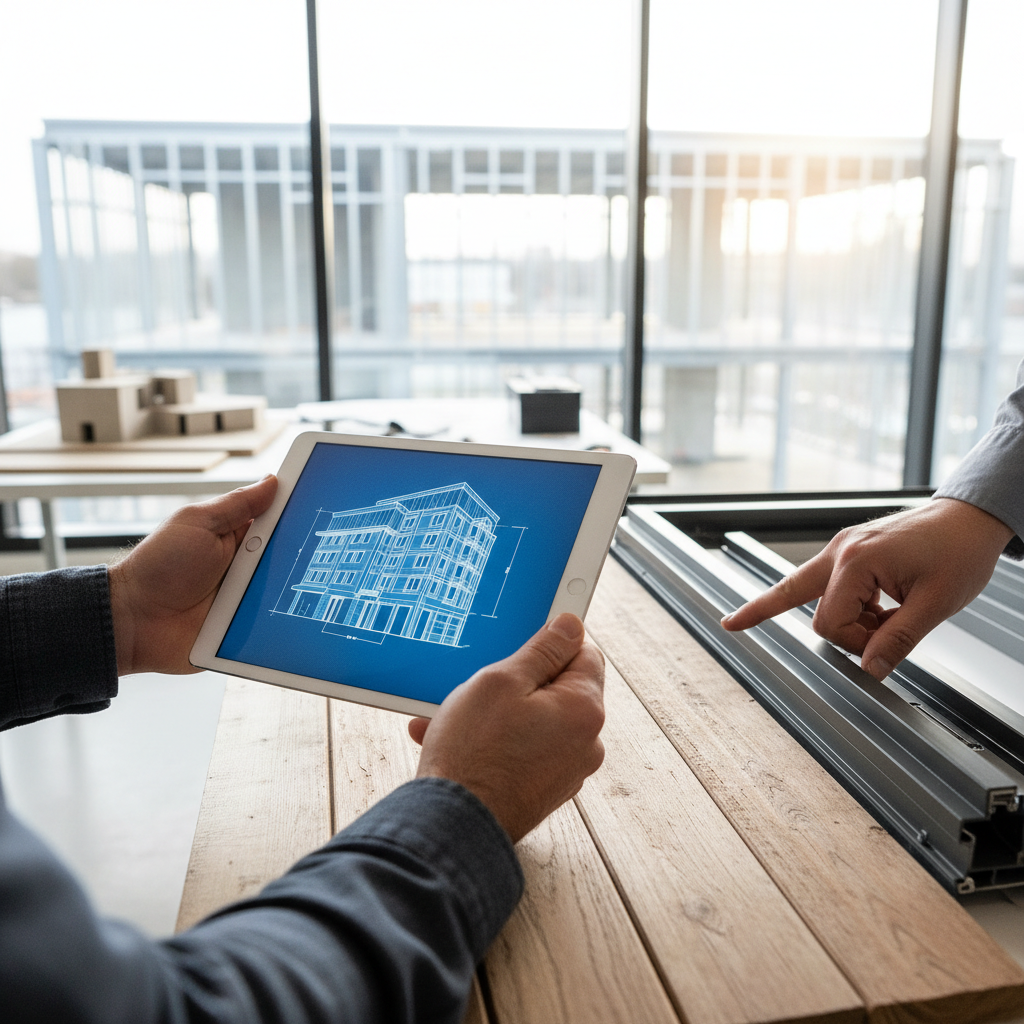 Material Submittals in ADU Construction: Your Guide to Quality — A builder or architect's hand holding an iPad displaying a digital architectural drawing or pro