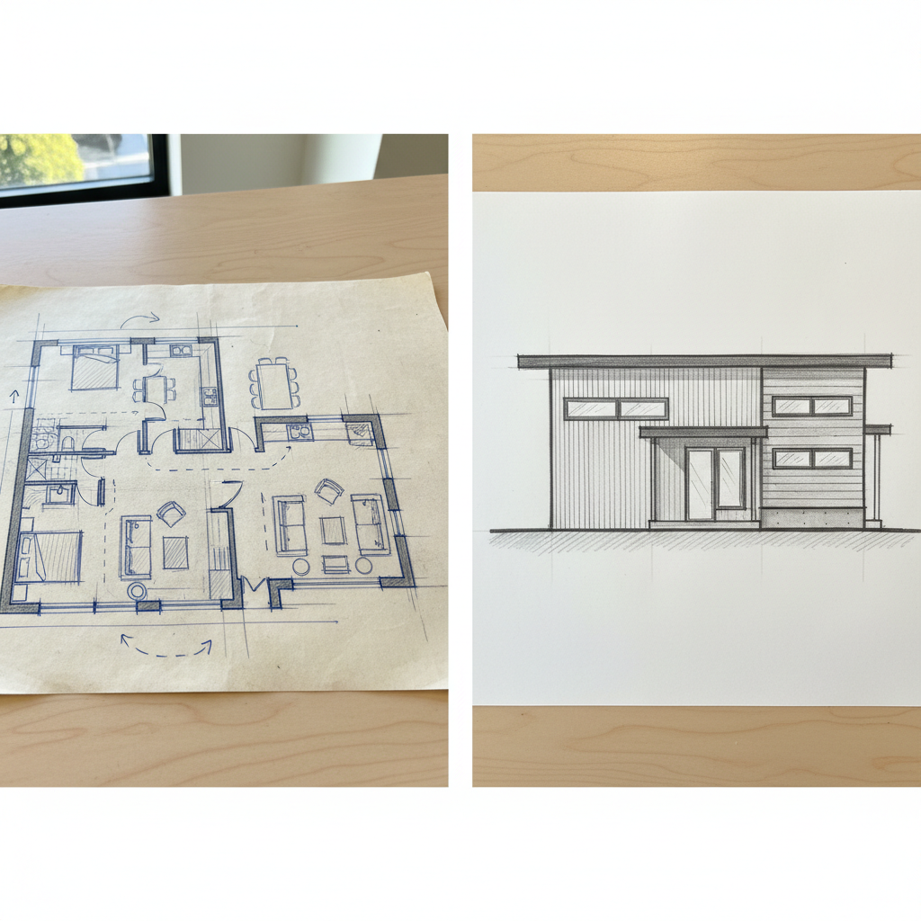 The ADU Design Phase: Before City Plans Go In — A split image or collage showing two distinct architectural sketches. On one side, a conceptual floor plan sketc