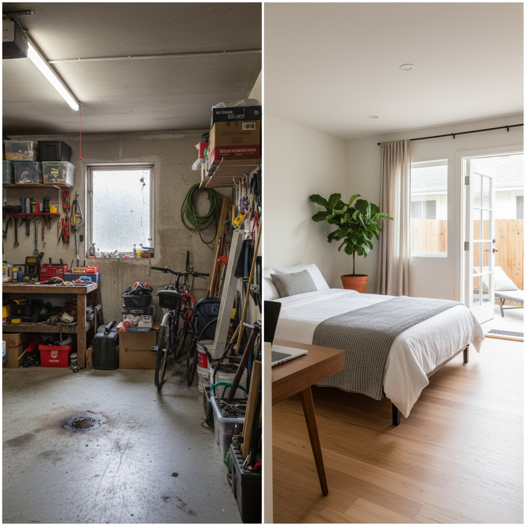 What Permits Does a Garage Conversion Need Beyond the Standard Building Permit — A split image or diptych: one side showing a typical cluttered garage with tool